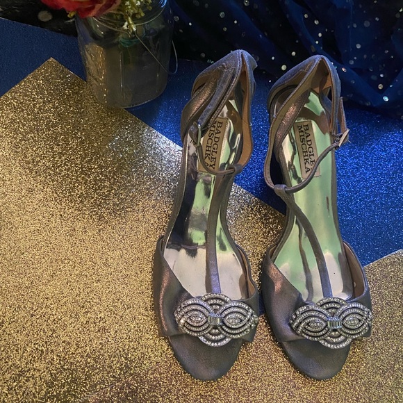 BADGLEY MISCHKA PEWTER METALLIC LEATHER WEDGE BEJEWELED Heels GORG LUX BRIDAL - Picture 2 of 11